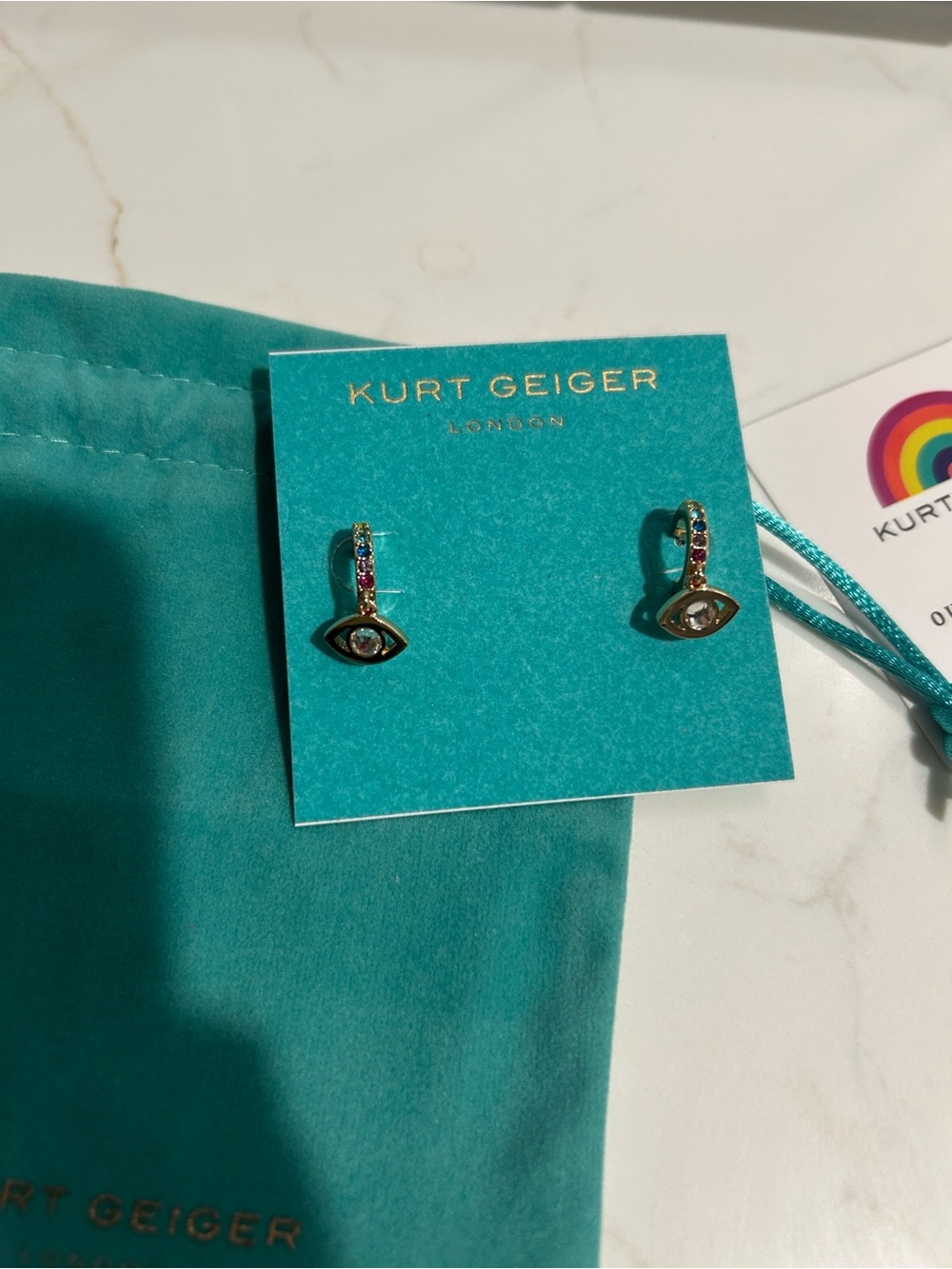 Kurt Geiger London Evil Eye crystal huggie hoop earrings dustbag,carecard NWT - Picture 4 of 4